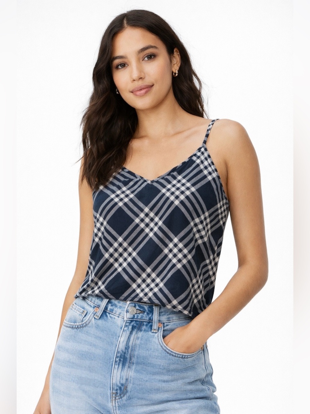 Eddie Bauer Blue Plaid Camisole Tank Top V-Neck Size M EUC